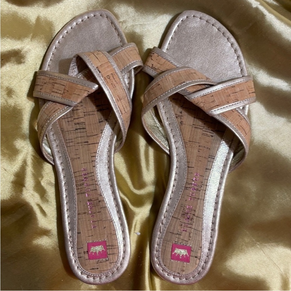 Elaine Turner  7.5 Amy slide sandals. Cork and gold